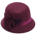 Women's burgundy linen sun hat with elegant 3D flower decoration and woven texture - One Size / Burgundy