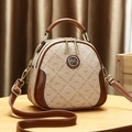 Mini bolso bandolera retro con estampado de logo beige y ribetes de cuero marrón - Caqui Claro