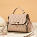 Elegant beige crossbody square bag with vertical texture and golden metallic lock - Khaki