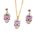 Vibrant Mexican sugar skull necklace and earrings jewelry set in colorful punk style - Heart Flower Sugar Skull