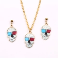 Punk style skull jewelry set with 3D glasses necklace and earrings in gold finish - 3D Glasses Skull