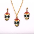 Punk style skull jewelry set including necklace and earrings with colorful skull patterns - Cross Sugar Skull