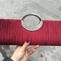 Sparkling wine red pleated rhinestone evening bag with silver metal ring handle - Burgundy