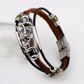 Bracciale multistrato in pelle marrone con testa di drago argentata e perline in metallo - caffè