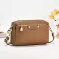 Dettaglio di una borsa a tracolla marrone a righe con pelle martellata e logo moda - Cachi