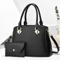 Quilted black PU leather handbag set with gold hardware and matching coin purse - Black