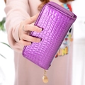 Glossy purple crocodile embossed patent leather long wallet with zipper and gold charm - Purple