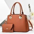 Brown quilted pattern tote bag set with matching wallet and gold hardware accessories - Earthy Yellow