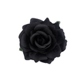 Close-up of black fabric rose hair clip with green leaves and multi-layered petals - Black