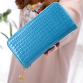 Sky blue long clutch wallet with glossy crocodile texture and gold dual zipper - Blue