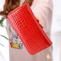 Glossy red crocodile texture long wallet with double zipper and gold round pendant - Red