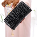 Elegant black patent leather long wallet with embossed crocodile texture and gold chain - Black