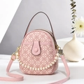 Mini bolso bandolera rosa de lona con asa de perlas y correa desmontable - 15x19x8cm / Rosa