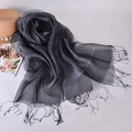 Elegant black silk organza scarf with silver shimmer and fringe tassels for women - Silver Black