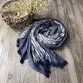 Navy blue and white striped cotton scarf with fringe details on a wood background - 205cmx75cm / Navy Blue