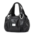 Detailed view of black pleated PU leather handbag with elegant silver metal logo plate - Simple Solid Black Pleated Leather (Style 5)