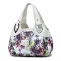 Detailed view of women's handbag featuring purple floral print and silver metal accents - Purple and Light Green Impressionist Floral (Style 13)