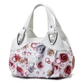 Dettaglio borsa a mano bianca con stampa floreale rosa e placca metallica argentata - Patchwork Bianco con Rose e Pois (Stile 12)