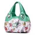 Chic floral printed handbag for women featuring mint green leather handles and silver buckle - Mint Green Patchwork with Red and Yellow Roses (Style 7)