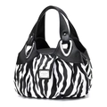 Detail of zebra print patchwork tote bag with metallic hardware and dual handles - Classic Black and White Zebra Pattern (Style 3)