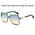 Square green frame sunglasses with tortoiseshell accents and blue-yellow gradient lenses - Green Tea Frame Gradient Blue Yellow Lens