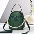 Bolso redondo verde oscuro retro con diseño de piel sintética y cadena decorativa de perlas - 15x19x8cm / Verde