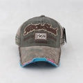 Close-up of vintage washed canvas baseball cap with 1969 Rock Shank embroidery and worn edges - Adjustable / Army Green