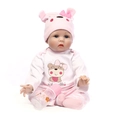 Realistic 40cm baby doll in pink bear onesie with nursing bottle on white background - 40 cm / Pink