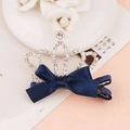 Korean style crystal crown hair clip with navy blue ribbon bow and silver base - Navy Blue