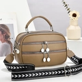 Khaki multi-zipper crossbody bag with litchi texture and stylish geometric wide strap - Khaki
