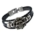 Pulsera multicapa de cuero negro trenzado con colgantes de calavera de plata vieja - Estilo D (Calavera en racimo)