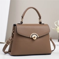 Classic dark brown pebble leather handbag with gold metal clasp and adjustable shoulder strap - Khaki