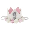 Detail view of baby girl first birthday crown with white roses and silver number 1 - White Crown Number 1 Pink White Flowers