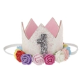 Close-up of baby birthday crown with pink felt, number 1 and colorful foam roses - White Crown Number 1 Colorful Flowers