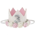 Detail of pink birthday crown headband with number 3 and decorative foam flowers - White Crown Number 3 Pink White Flowers