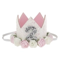 Detailed close-up of a white and pink floral birthday crown for a two-year-old toddler - White Crown Number 2 Pink White Flowers