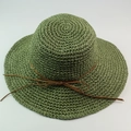 Dark green wide brim raffia straw hat for women with elegant brown leather bow decoration - Dark Green