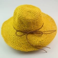Wide brim yellow raffia sun hat with wave edge and brown ribbon bow for beach - Yellow