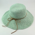 Mint green raffia sun hat with wide brim and brown leather bow for beach vacations - Fluorescent Green