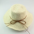 Creamy white raffia sun hat with a wide brim and brown leather decorative bow tie - White