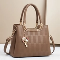 Deep khaki checkered handbag with gold metal hardware and decorative pearl charms - 26x12x20cm / Khaki