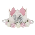 Detail of half birthday crown with pink faux roses and silver glitter 1/2 number - White Crown Number 1/2 Pink White Flowers