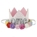 Close-up of glitter birthday crown with silver one text and colorful rose flower trim - White Crown Letter ONE Colorful Flowers