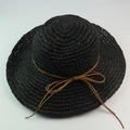 Women's black raffia sun hat with wide brim and brown string bow decoration - Black