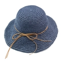 Navy blue crochet raffia sun hat for women featuring a brown leather bow ribbon trim - Navy Blue