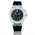 Fashionable LED quartz watch with black silicone strap and rhinestone-studded bezel - Black