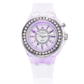 Fashionable LED glowing watch for women with rhinestone bezel and purple luminous light - White