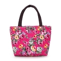 Magenta floral canvas tote bag with rose patterns and dark brown handles for women - Rose Red