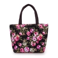 Blumige Canvas-Lunchtasche mit rosa und lila Rosendruck auf schwarzem Grund - Schwarz