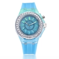 Sky blue luminous quartz watch with crystal bezel and silicone strap on white background - Sky Blue